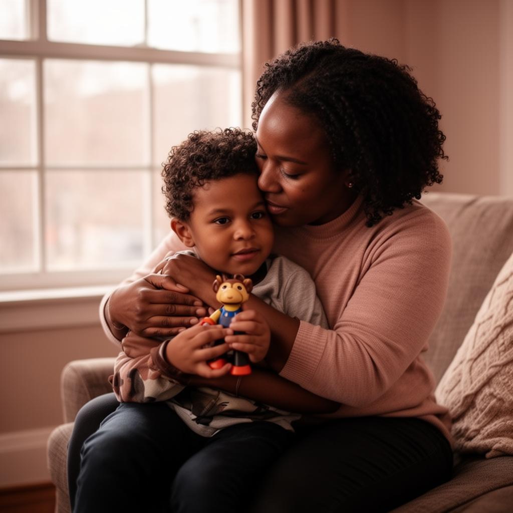 A Black mother gently embracing her young son in a softly lit living room