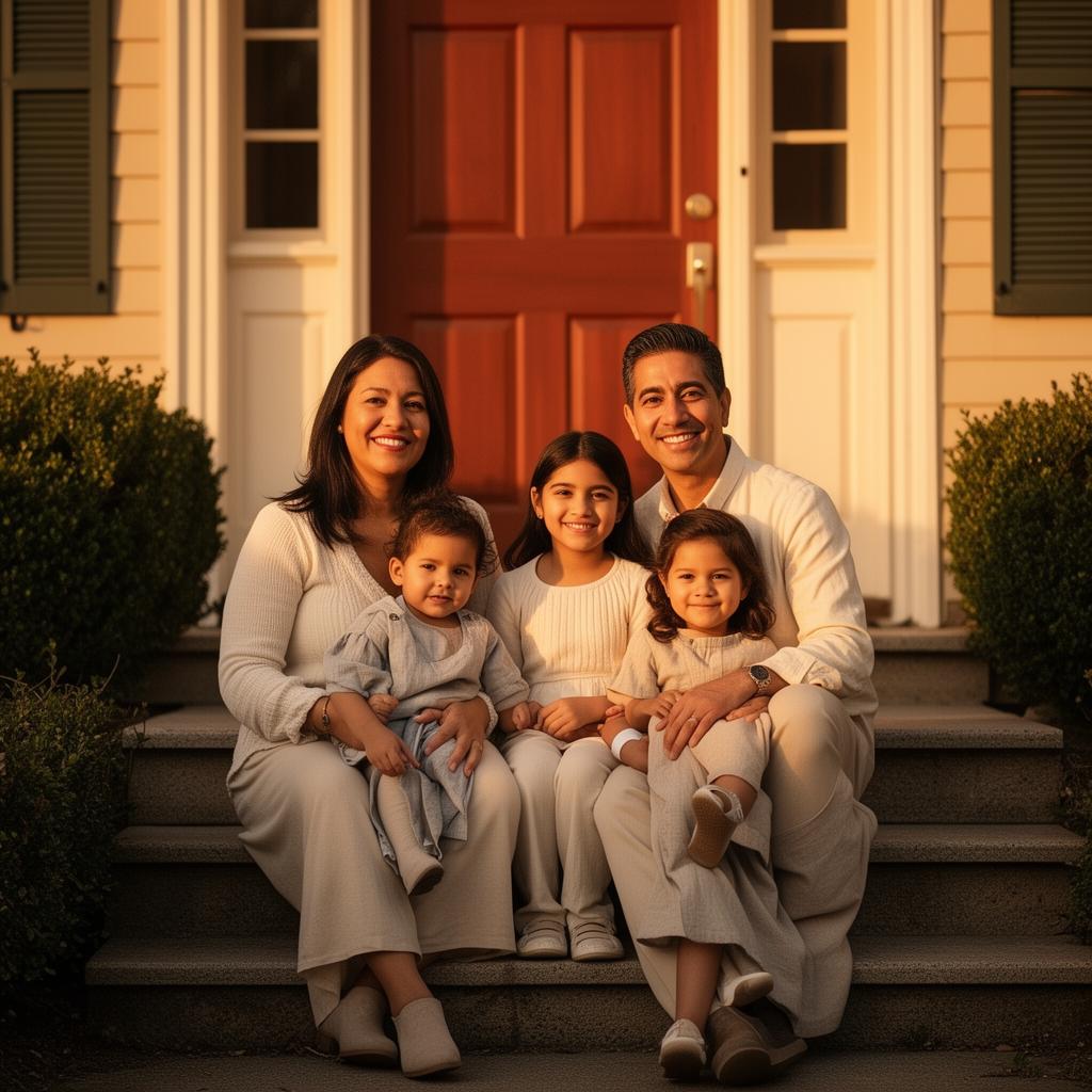 A Hispanic mother and father with two children sitting on the front steps of their Massachusetts home at golden hour