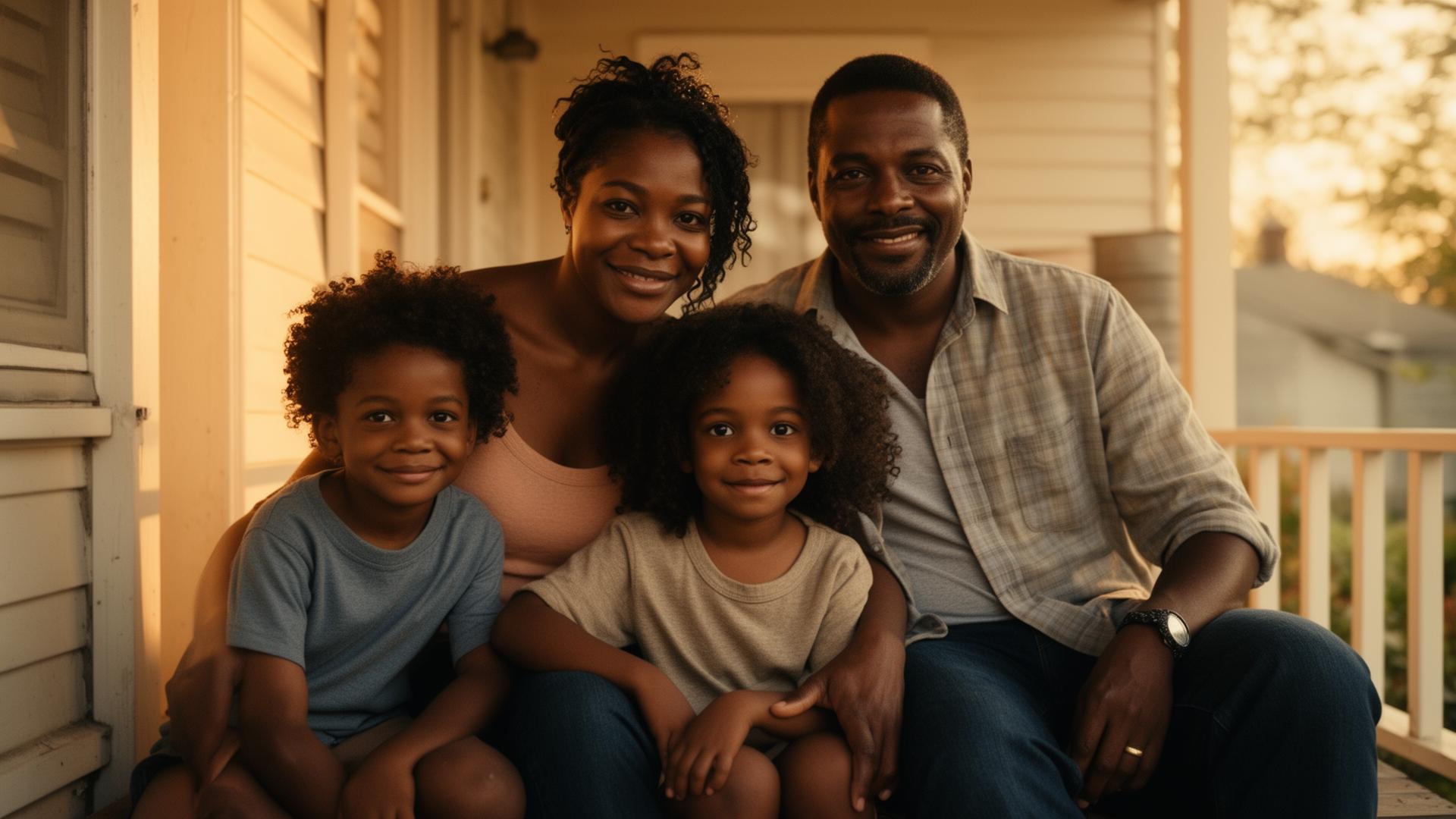 A Black Massachusetts family with two young children sitting together on the front porch of their home at golden hour